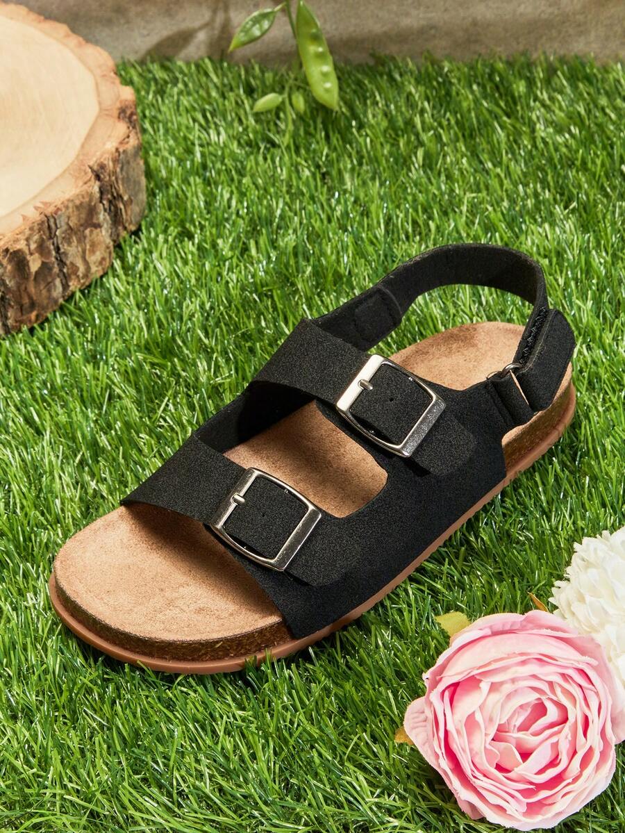 Mini mi Kids' Ultra-Light Extra-Soft Footbed Double-Buckle Premium Faux Leather Black Slingback Sandals– Comfy, Supportive & Stylish - Black - View 1