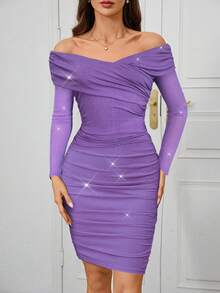 SHEIN Clasi Women's Elegant Sexy Off Shoulder Ruched Curve Glittery Party Dress - Purple - View 6