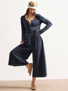 Bohemela Bộ áo liền quần dài tay dài ống rộng, màu trơn, cổ bẻ lửng, kiểu dáng thường ngày, dành cho nữ. - màu đen - Xem 3