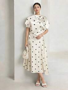 Heiryn 女士优雅波点印花收腰中长连衣裙，适合通勤 - 杏色 - 查看 6