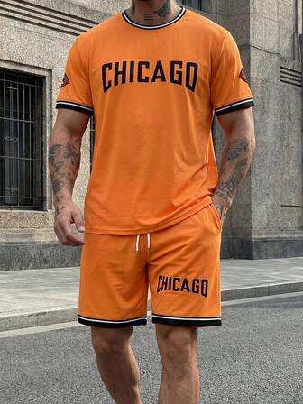 GENTILAND Men's Letter Print Short Sleeve T-Shirt And Shorts Set