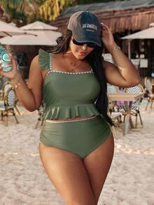Swim Vcay 加大码两件套荷叶边方领吊带泳衣，复古军绿色显瘦度假泳装 - 軍綠色 - 查看 1