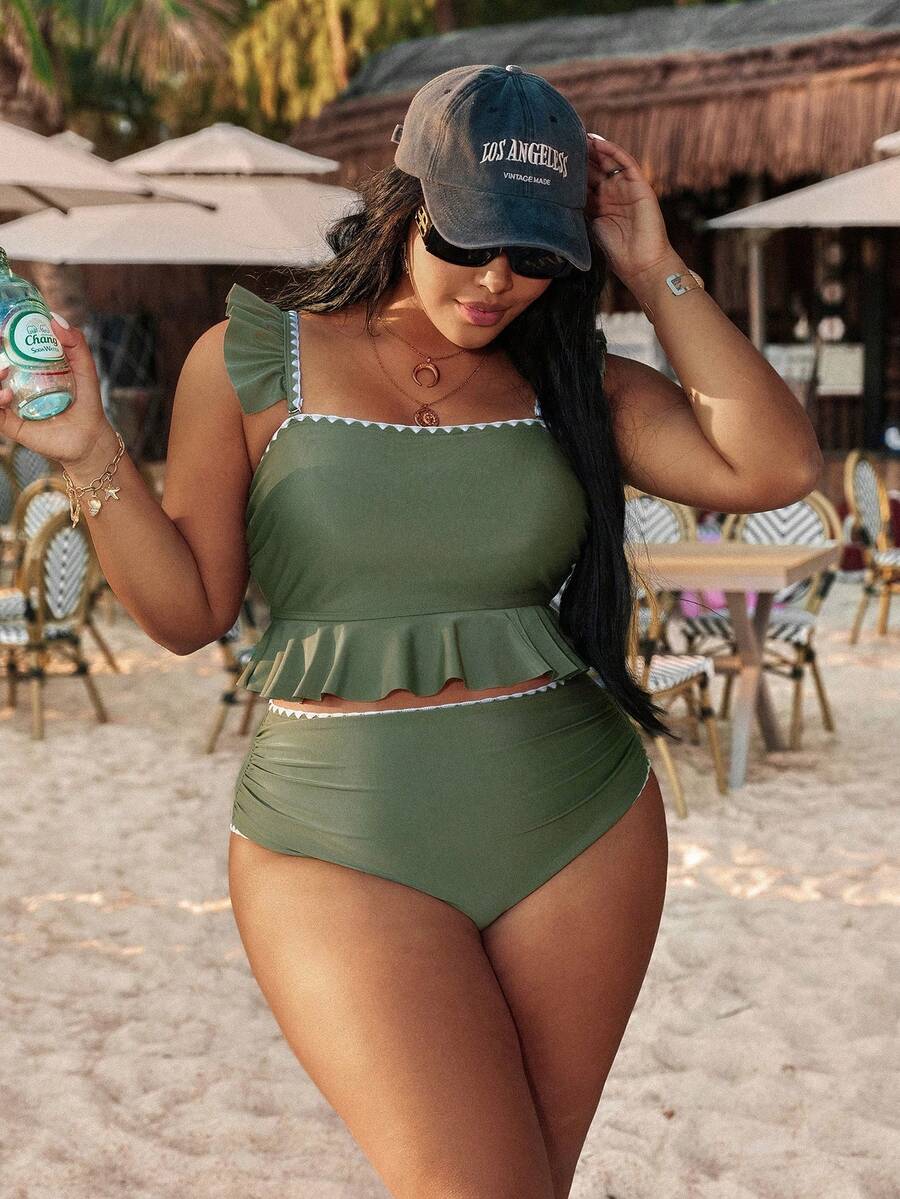 Swim Vcay 加大码两件套荷叶边方领吊带泳衣，复古军绿色显瘦度假泳装 - 軍綠色 - 查看 1