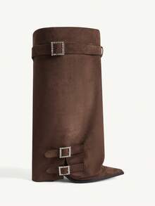 CUCCOO CHICEST Women's Pointed Toe Buckle Design Tall Boots For Christmas - Coffee Brown - View 2