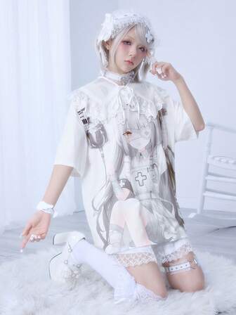 T-shirt rosa oversize a maniche corte con scollo tondo, motivo di ragazza anime yandere