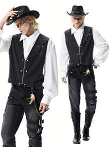 ROMWE MEN Goth Men's Striped Zip-Front Casual Versatile Commuter Vest - Black - View 7