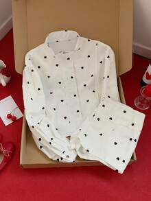 Muchica 2件套 女士白色爱心印花梭织蝙蝠袖外套和短裤 - 黑與白 - 查看 7