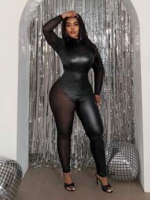 Slaydiva 2026 Spring/Summer New Arrival Women's Fall/Winter Clothes, Music Festival Halloween Costumes, Birthday Dresses, Casual Everyday Wear, Leisure, Cruise Travel, Beach, Sunbathing, Viral Hits. Black Long Sleeve Solid Color Patchwork Mesh Sexy Mesh Jumpsuit, Tight Street Style Romper