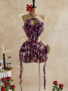 Soleia Váy dự tiệc cưới bãi biển kiểu phương Tây cho kỳ nghỉ bình thường mới, váy ngắn hở lưng họa tiết bohemian nhiệt đới thanh lịch, thiết kế xếp nếp, khoét eo bằng kim loại cho Ngày lễ Thánh Patrick, Kỳ nghỉ xuân, Lễ Phục sinh, Lễ hội âm nhạc - Màu hồng gỉ - Xem 5