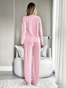 EURMUSE Cotton 2Pcs Striped&BOW Printed Long Sleeve Shirt And Striped Long Bottom Lounge Set - Pink - View 2