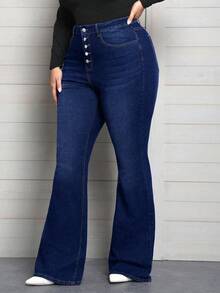 EMERY ROSE Plus Size Women Elastic Waist Jeans, Multiple Button Design Skinny Flare Pants - Dark Wash - View 6
