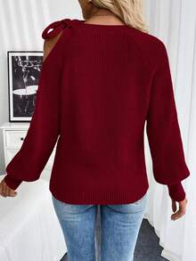 EMERY ROSE Women's Fashion Pearl Detail Bow Shoulder Sweater Burgundy Sweater Women's Sweater Cold Shoulder Sweater Pearl Sweater - Burgundy - View 2
