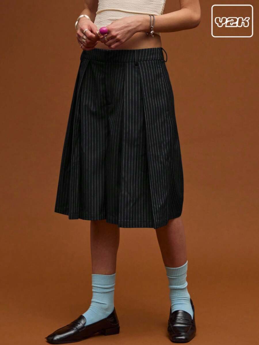 COUREZ Pantalones cortos de verano con pliegues y rayas, estilo casual/Y2K - Negro - Ver 1