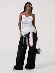 ROMWE Y2K 女士运动条纹抽绳蕾丝吊带V领迷你连衣裙 - 彩色 - 查看 4