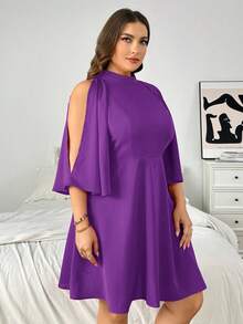 SHEIN Privé 大码女式蝙蝠袖露肩连衣裙，宽松A字酒红色连衣裙，适合婚礼、度假等场合，新品上市 - 紫色 - 查看 4