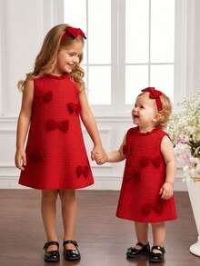 Elegant & Cute Babygirl Bow Knit Sleeveless Dress, Red - Red - View 6