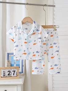 2pcs Dozemod Kids Baby Boy Cute Bear Pattern Lapel Cardigan Short Sleeve Pants Casual Loose Pajamas Set