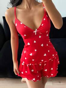 ZzzCrew Sexig och fräck outfit, rött hjärtmönster linne och shorts pyjamasset, vår/sommar - Röd - Visa 5