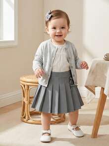 Souflis Souflis 1pc Baby Girl Pleated Skirt, Children's Woven Comfortable Skirt With Bow Waistband And Button Design, Adding Fashionable And Sweet Style, Elastic Waist And Loose Fit, Suitable For Autumn Occasions Like Vacation And Daily Wear - Grey - View 4
