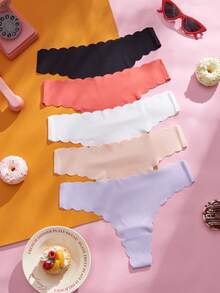 Nora Wilde 5pcs/Set Colorful Minimalist Comfortable Seamless Thong Panties With Scallop Trim For Girls - Multicolor - View 3