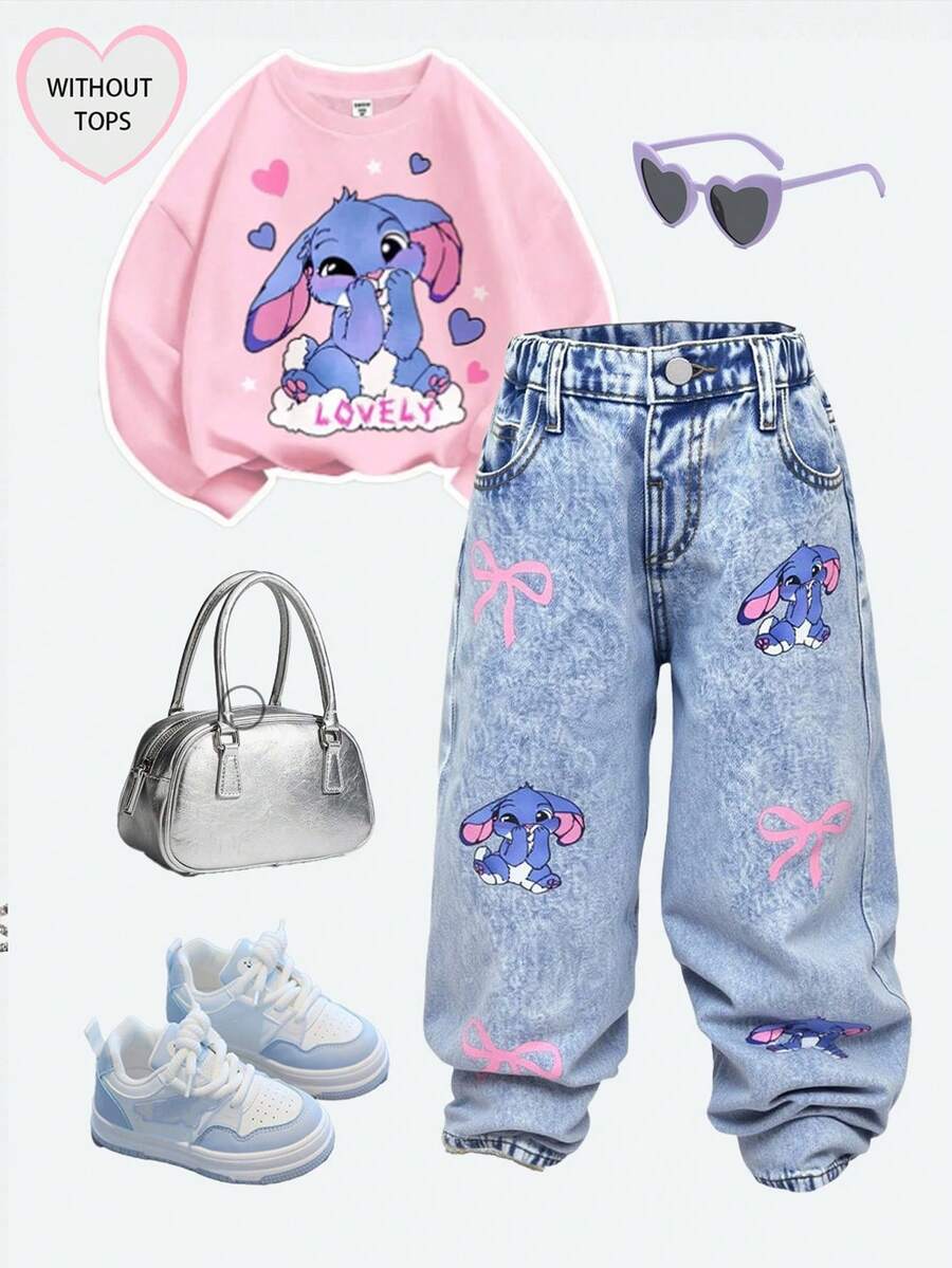 Pantalones vaqueros azules sueltos y acampanados con estampado de conejo lindo de dibujos animados y lazo rosa para niña joven - Lavado ligero - Ver 1