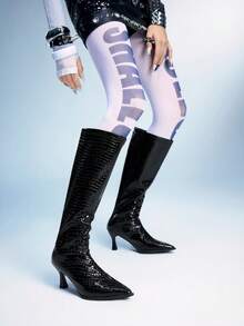 Sugerpunk Botas de mujer de moda de caña alta con puntera puntiaguda y estampado de cocodrilo para el uso diario - Negro - Ver 6