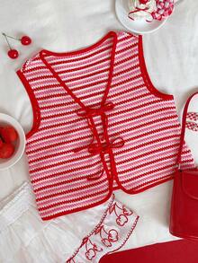 Comfortcana Red And White Striped,Summer,Cute,Date Women's Lightweight Vest Jacket With Bow Tie,Valentine's Day Waffle Stripe Knit Casual Elegant Y2k Top,Beach - Multicolor - View 5
