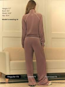 GLOWMODE SoftSerene Modal Contrast Piping Waist-Length Thumbholes Fitted Zip-Up Sweatshirt Daily Casual Wear Fall Winter