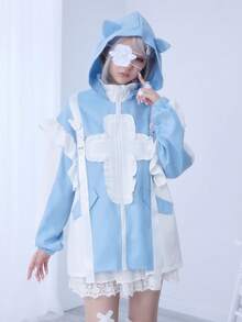 ROMWE Kawaii Subculture Cross Contrast Color Cat Frill Hooded Loose Women Long Sleeve Jacket - Multicolor - View 10