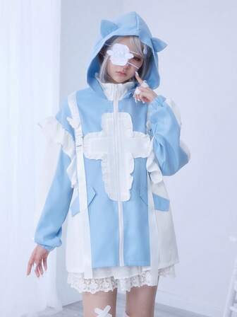 Kawaii Subculture Cross Contrast Color Cat Ear Hooded Loose Women Long Sleeve Jacket
