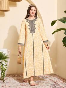 Teen GirlMiddle Eastern Style Printed Dress, Gold Patterned With Black Lace Print, Suitable For Spring/Autumn Everyday Wear - Yellow - View 3