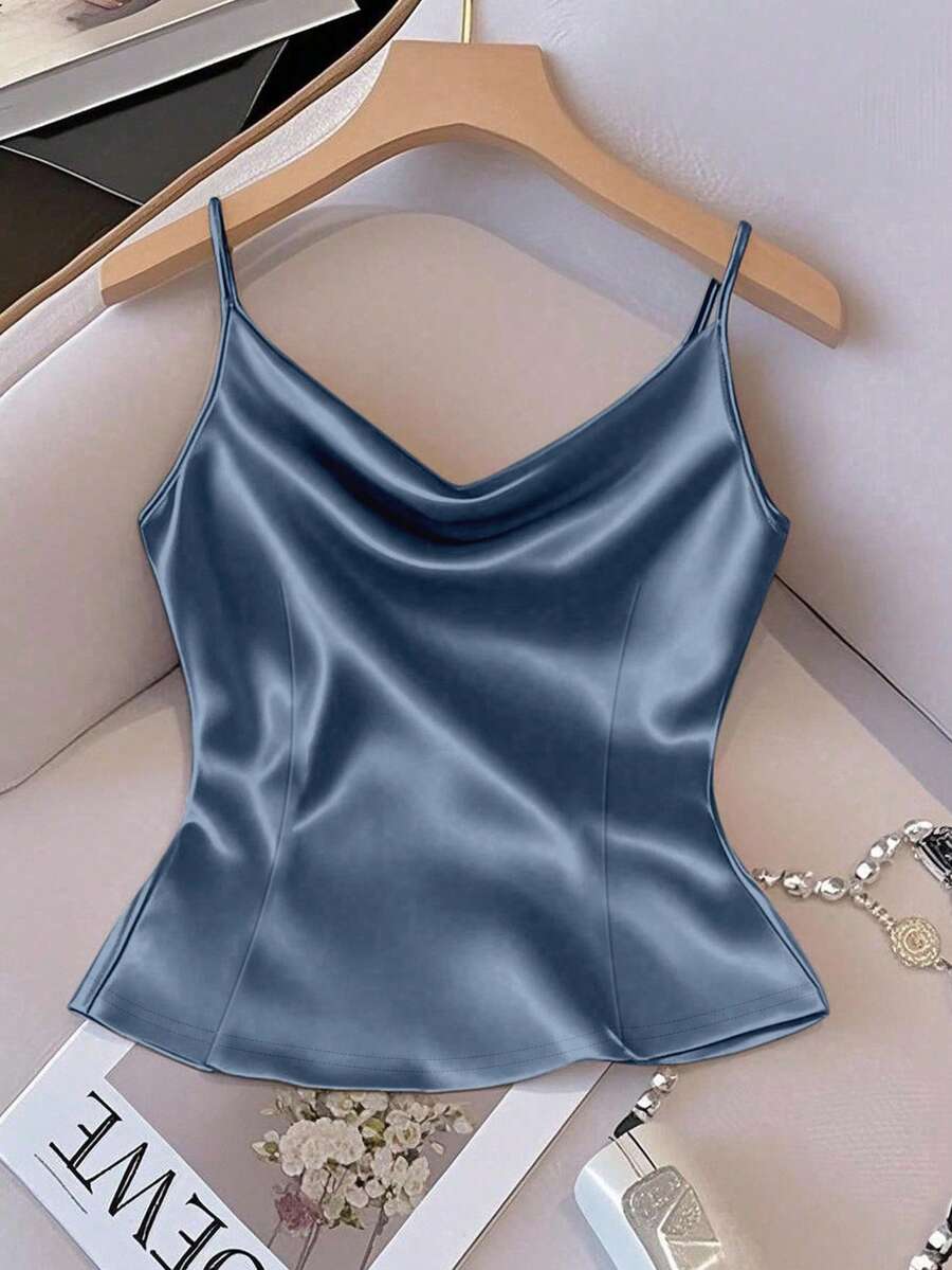 GlowEve 女士亮面梭织面料无袖收腰修身休闲吊带背心，适合春、秋、冬季穿着。 - 藍色 - 查看 1