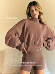 GLOWMODE 莫代尔柔软保暖弧形泡泡下摆及腰宽松罗纹袖口高领套头卫衣日常 - Warm Clay - 查看 4