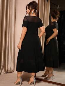Cravure Plus Size Elegant Black Summer Curve Mesh Patchwork Cocktail Midi Dress,Commuter Solid Color Medium Length Ladies' Dresses For Vacations And Parties - Black - View 2