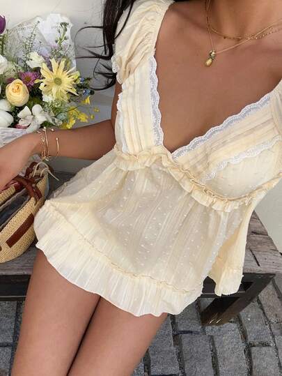 Sunnyshic Women's Pink V-Neck Cute & Sweet Lace Trim Patchwork Short Sleeve Blouse, Suitable For Picnic, Home, Date, Vacation, Versatile