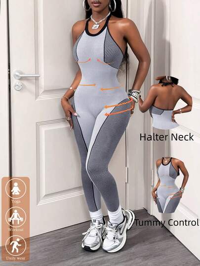 BamGleam Women's Halter Neck Striped Backless Seamless Bodysuit For Daily Wear & Fitness Singlet