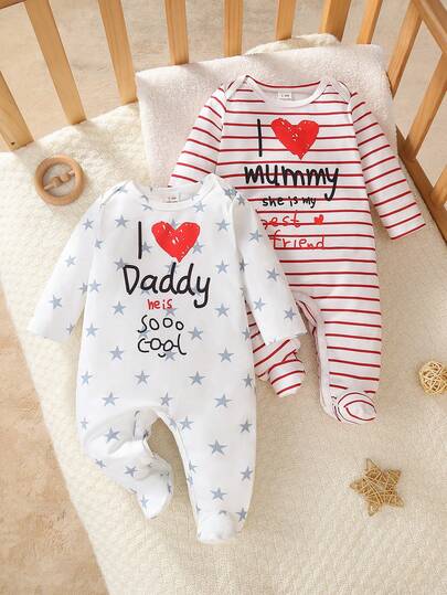 2pcs Newborn Long Sleeve Footed Jumpsuit Pajamas Set, Knitted Fabric, Cute Style With Star, Stripe, Digital Print, And Letter Graphic Baby Mommy Daddy Matching Clothes 2 Pack Newborn Outfits Baby Boy And Girl Matching Clothes Twin Baby Outfits Boy And Girl Newborn Baby Twin Clothes 2026 Holiday Home Vacation Spring Summer Essential Item Toddler Zip Up Pajamas Jumpsuit With Zipper For Baby New Born Clothes Unisex Baby And Mommy Pajamas