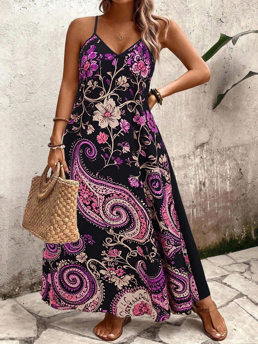 Breezaya Plus Size Women's Deep V-Neck Sleeveless Floral + Paisley Print Casual Commuter Elegant Fashionable Versatile Retro Beach Vacation Summer Maxi Dress, Loose Bohemian Outfit For Women Spring Dresses For Women Beach Dress For Women Resort Wear Women Dress Boho Dress For Women - Multicolor - View 1