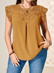 EMERY ROSE Plus Size Women Water-Soluble Lace Tunic Tops Dressy Blouses , Vacation Summer, Summer Tops - Yellow - View 6