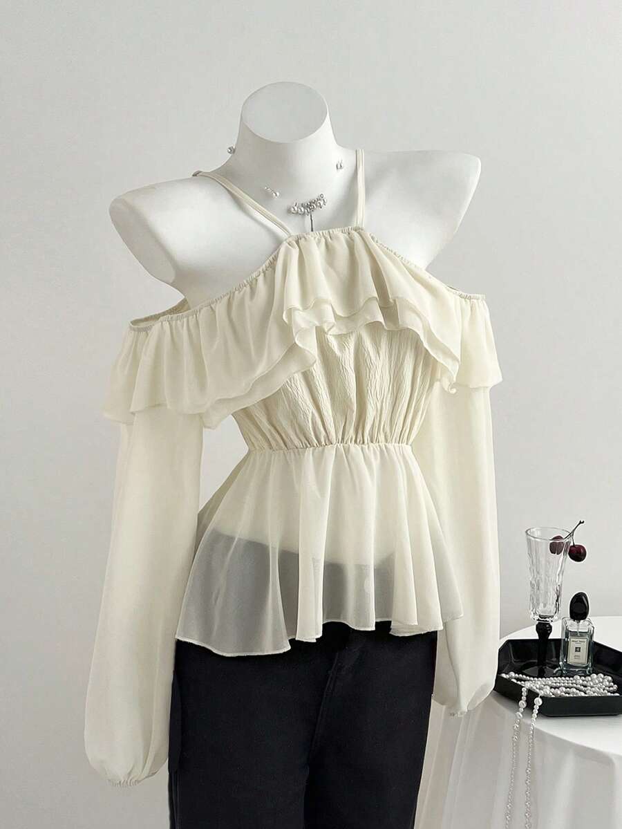 Elamini 露肩荷叶边网纱拼接长袖女式衬衫 - 杏色 - 查看 1