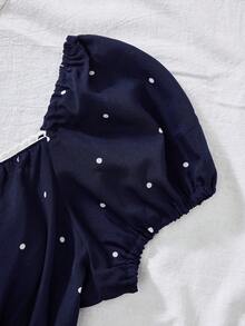 Camisa de punto con botones, cuello de volantes, escote en U, ajustada, estampado de lunares, versátil y casual para uso diario y en el hogar para adolescentes - Azul - Ver 6