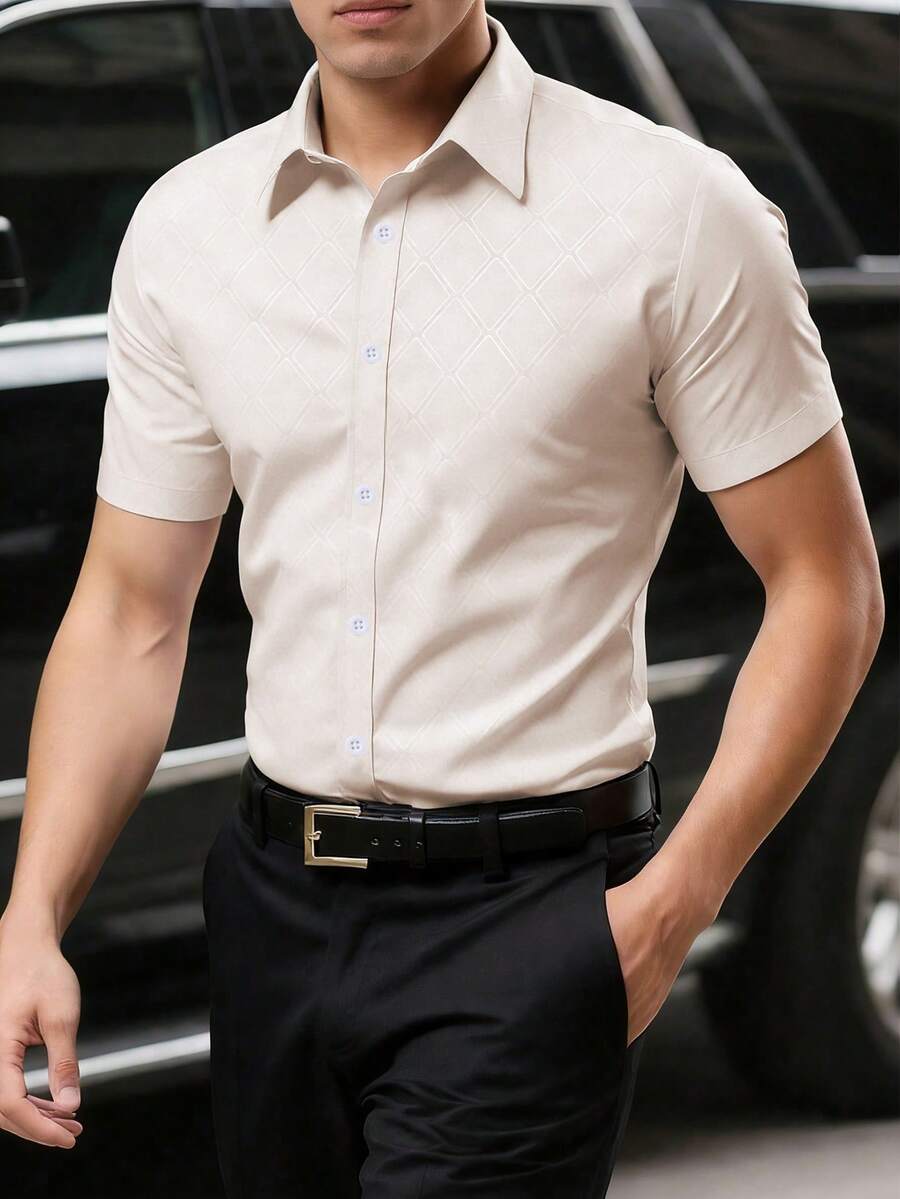 Manfinity Mode 男士休闲菱形印花短袖衬衫 - 卡其色 - 查看 1