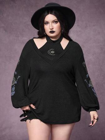 Goth Set da 2 pezzi da donna taglie forti, stile gotico, con stampa a pelle di serpente e ricamo floreale, composto da canotta e top esterno