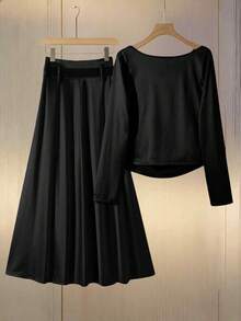 Franclia 2pcs/Set Commuter Casual Draped Neck Fitted Long Sleeve Belted Women Outfit Black Skirt Set Skirt And Top Black Dress Classy Elegant Black Satin Dress 2 Piece Woman Set Skirt - Black - View 2