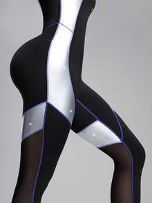 Innovista Women Silver Black Color Block Sleeveless Jumpsuit With Metallic Fabric Panels Purple Contrast Stitching Back Mesh Cutout Built In Bra Removable Pads High Waist Tummy Control Butt Lifting One Piece Romper For Yoga Pilates HIIT Indoor Cycling Running Outdoor Gym Office To Street Fall Winter Athleisure Utilitarian Chic Clean Girl Aesthetic Lightweight Breathable Stretchy Transpirable Menopause Postpartum Friendly Fade Resistant Sports Women Romper Gym Women Sets Workout Women Sets Valentine Day Essentials New Year Fitness Glow Up January Gym Motivation Workout Ready Festival Outfit Gala Night - Black - View 4