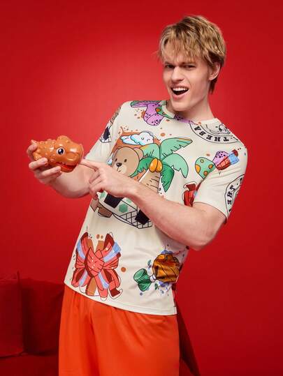 Notgurli 1 pieza Camiseta de manga corta para hombre, camiseta ajustada casual con diseño de estampado de dibujos animados, adecuada para ir al trabajo, uso casual diario, estilo callejero maduro, en INS, gran regalo para el novio, versátil para uso casual, deportivo, ir al trabajo, vuelta al colegio, vacaciones, camiseta interior para hombre, opción principal de regalo para novio y esposo, pareja