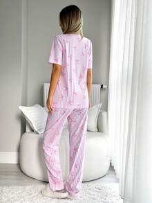 EURMUSE Women 2 Pcs Short Sleeved Button Front &Pants With Striped&Bow Pattern Homewear Cute Pajama Set - Pink - View 2