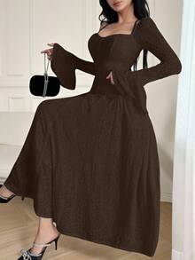 Feyla Women's Solid Color Minimalist Long Sleeve Midi Dress, Casual Everyday Wear - Coffee Brown - View 6