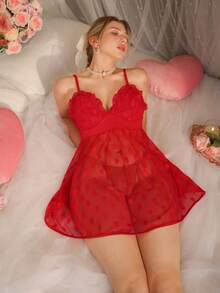 DelicateAllure 性感柔软吊带心形图案加大码睡裙，适合情人节 - 紅色 - 查看 5