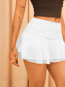 Rayane Ketlyn 超低腰褶皱多层荷叶边优雅超短纹理雪纺裙 - 白色 - 查看 7